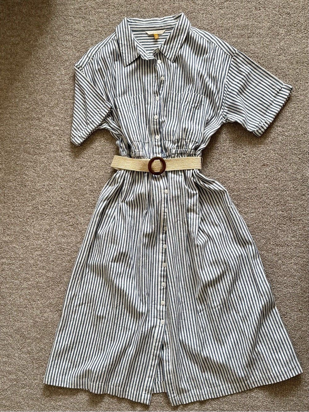 DownEast White & Navy Striped Midi Shirt Dress with Woven Belt